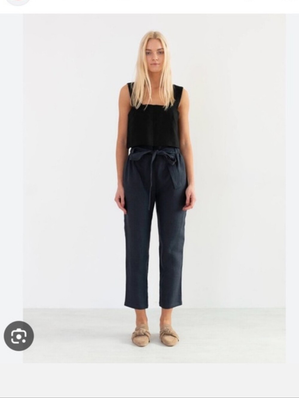 High-Rise Paper Bag Waist Cropped Linen Pants in Dark Navy